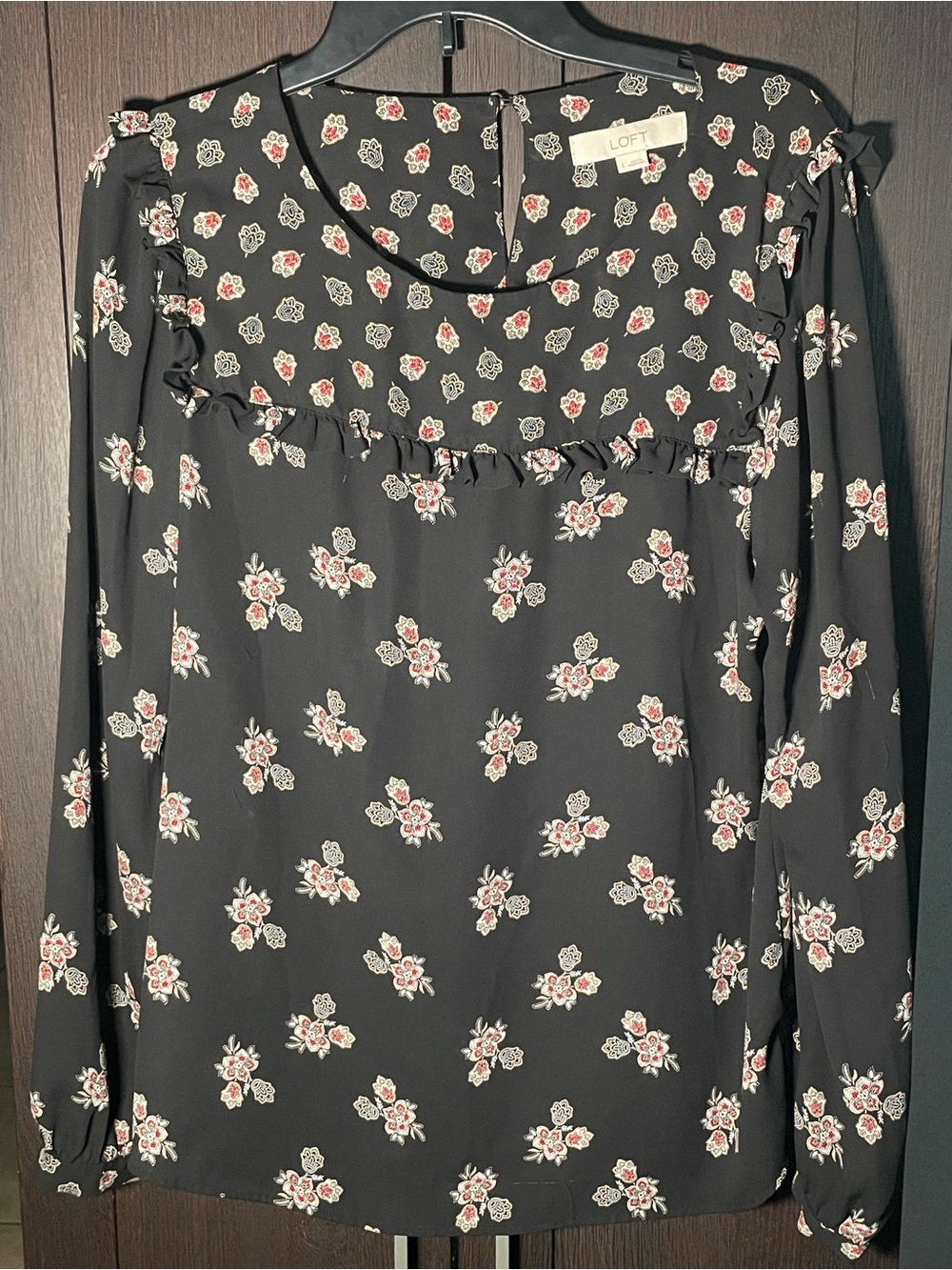 LOFT Black Floral Ruffle-Trim Long Sleeve Top